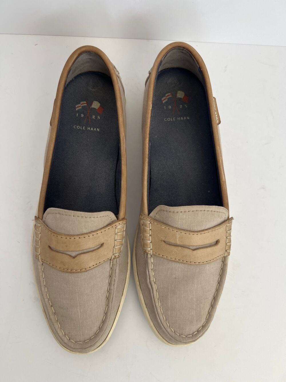 Cole Haan Women Nantucket Canvas Penny Loafers Light Beige Slip On Size 7.5